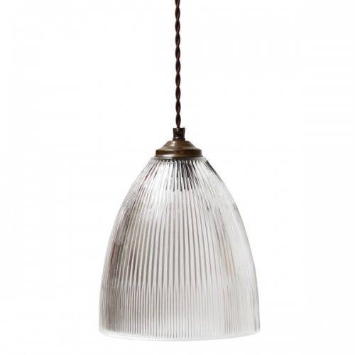 "Manufactured in Ireland, this quality solid brass and prismatic holophane glass pendant is reminiscent of traditional industrial pendants."