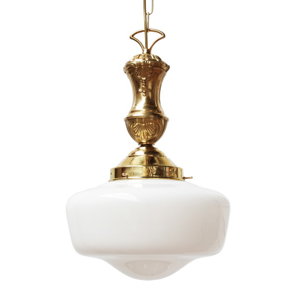 "Manufactured in Ireland, this quality solid brass and opal glass pendant is reminiscent of the 1920’s traditional school house vintage pendants."