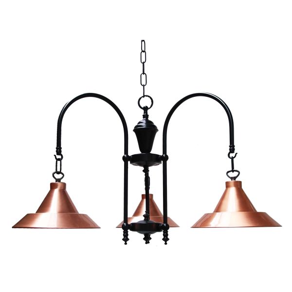 "This Copper and black 3 arm fitting is manufactured in Ireland, creating a warm glow when lit, this factory style chandelier looks great with squirrel cage bulbs."