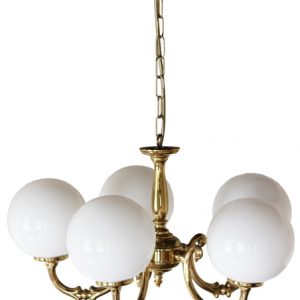 "Manufactured in Ireland, this quality brass traditional globe chandelier comes complete with 250mm opal globes."