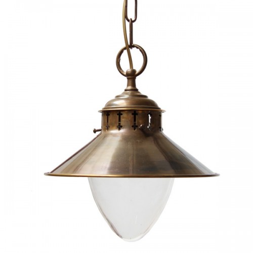 "Manufactured in Ireland, this nautical style spun brass pendant with glass is reminiscent of a traditional marine light."