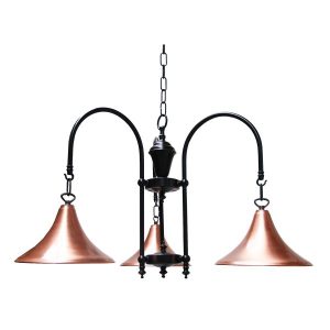 Carea A Copper Industrial Chandelier "This Copper and black 3 arm fitting is manufactured in Ireland, creating a warm glow when lit."