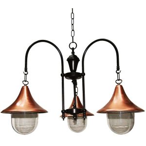 Carea B Copper Industrial Light Fitting "This Copper and black 3 arm fitting is manufactured in Ireland, creating a warm glow when lit, this factory style chandelier looks great with squirrel cage bulbs."