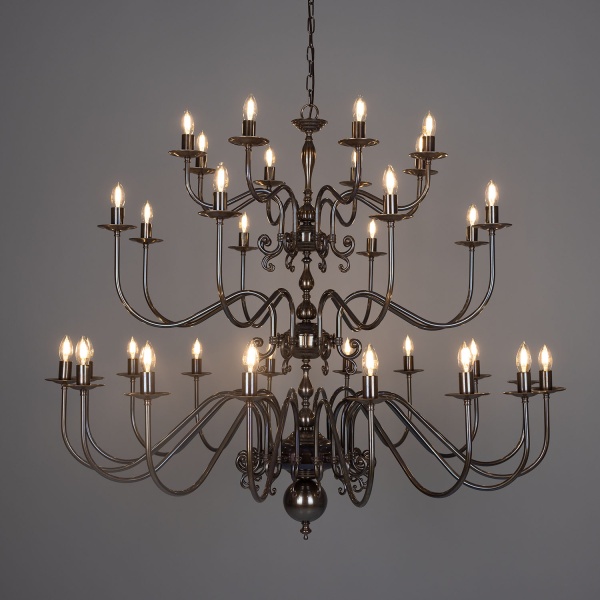 Flemish Candle-Style Brass Three-Tier Chandelier, 32-Light