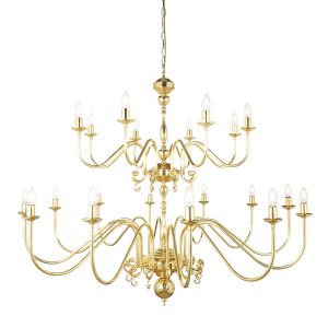 "The Flemish brass chandelier is an impressive traditional design hosting 20 unique candle-style lamp holders. This two-tier chandelier measures 115cm in height and 130cm in diameter and is one of three traditional brass chandeliers in the Flemish collection."