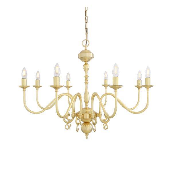 "Manufactured in Ireland, this quality brass chandelier would look great in any traditional style setting."