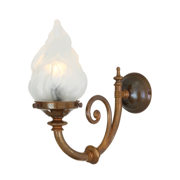 "The Darwin single wall light is an up lit wall light that features a decorative curved arm and a flame glass lamp shade."