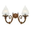 "The Darwin two-arm wall light features two decorative curved arms and flame glass lamp shades."