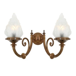 "The Darwin two-arm wall light features two decorative curved arms and flame glass lamp shades."