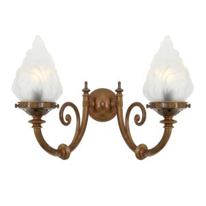 "The Darwin two-arm wall light features two decorative curved arms and flame glass lamp shades."